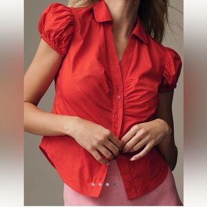 Anthropologie Maeve Puff-Sleeve Button-Down Top Women Size XXS